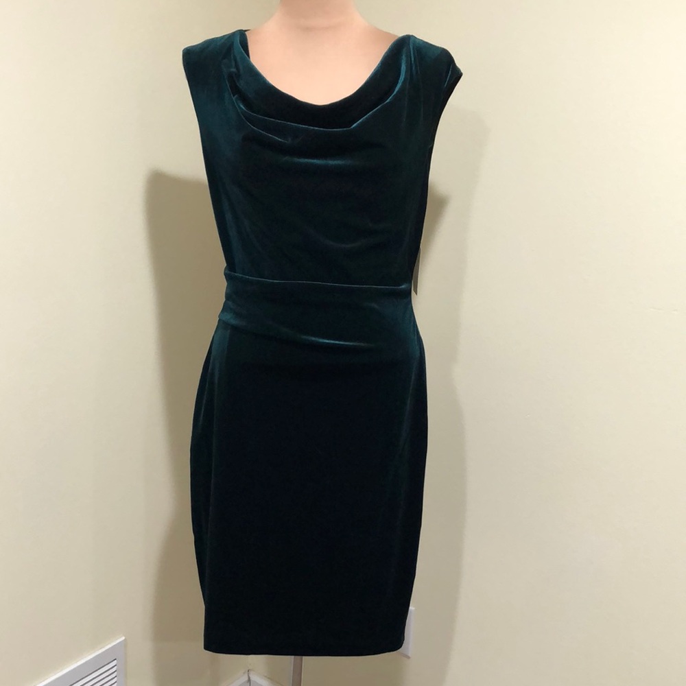 SOLD NWT JH Cocktail Dress Size 12 Dark Hunter Green Velvet Cowl Neck - Picture 2 of 11